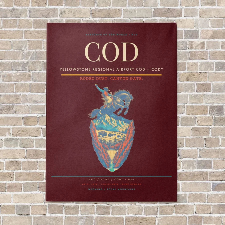 Yellowstone Regional Airport COD — Cody vertical canvas print - no frame - dark red background