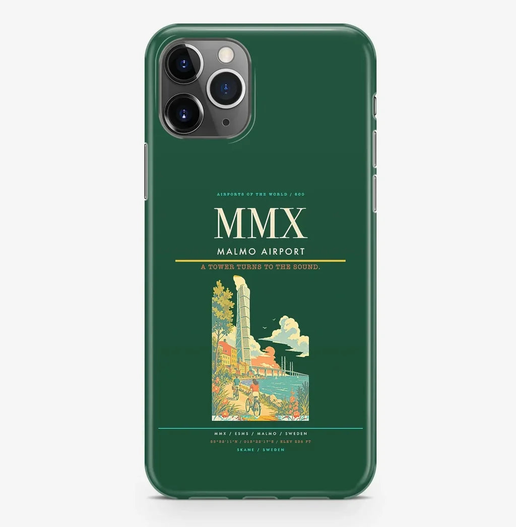 Malmo Airport (MMX) design on dark green iPhone 16 Pro MagSafe case