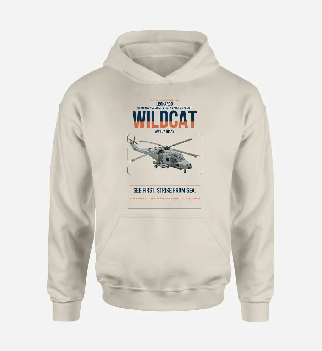 Leonardo AW159 Wildcat HMA2 design on khaki double-side hoodie, single-side print