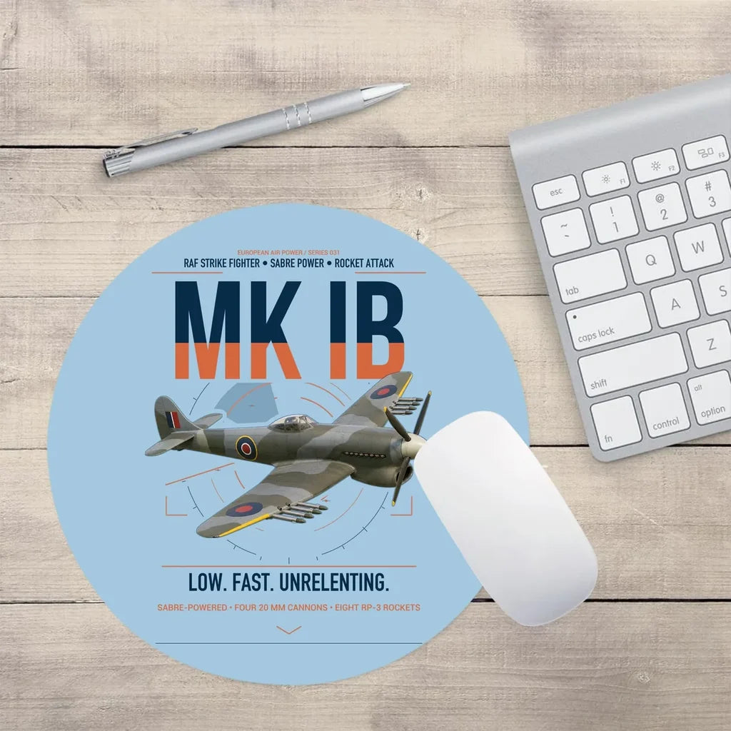 Hawker Typhoon Mk IB design on light blue round mouse pad