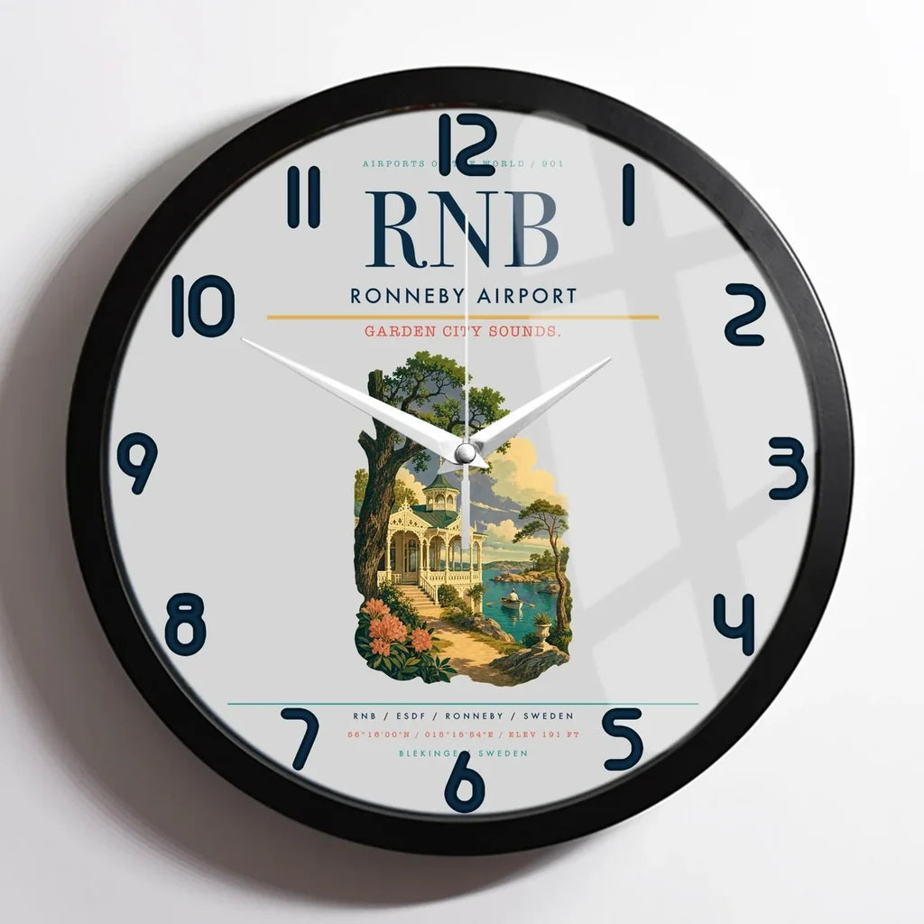 Ronneby Airport (RNB) design on light gray framed wall clock