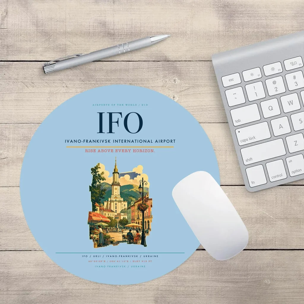 Ivano-Frankivsk International Airport (IFO) design on light blue round mouse pad