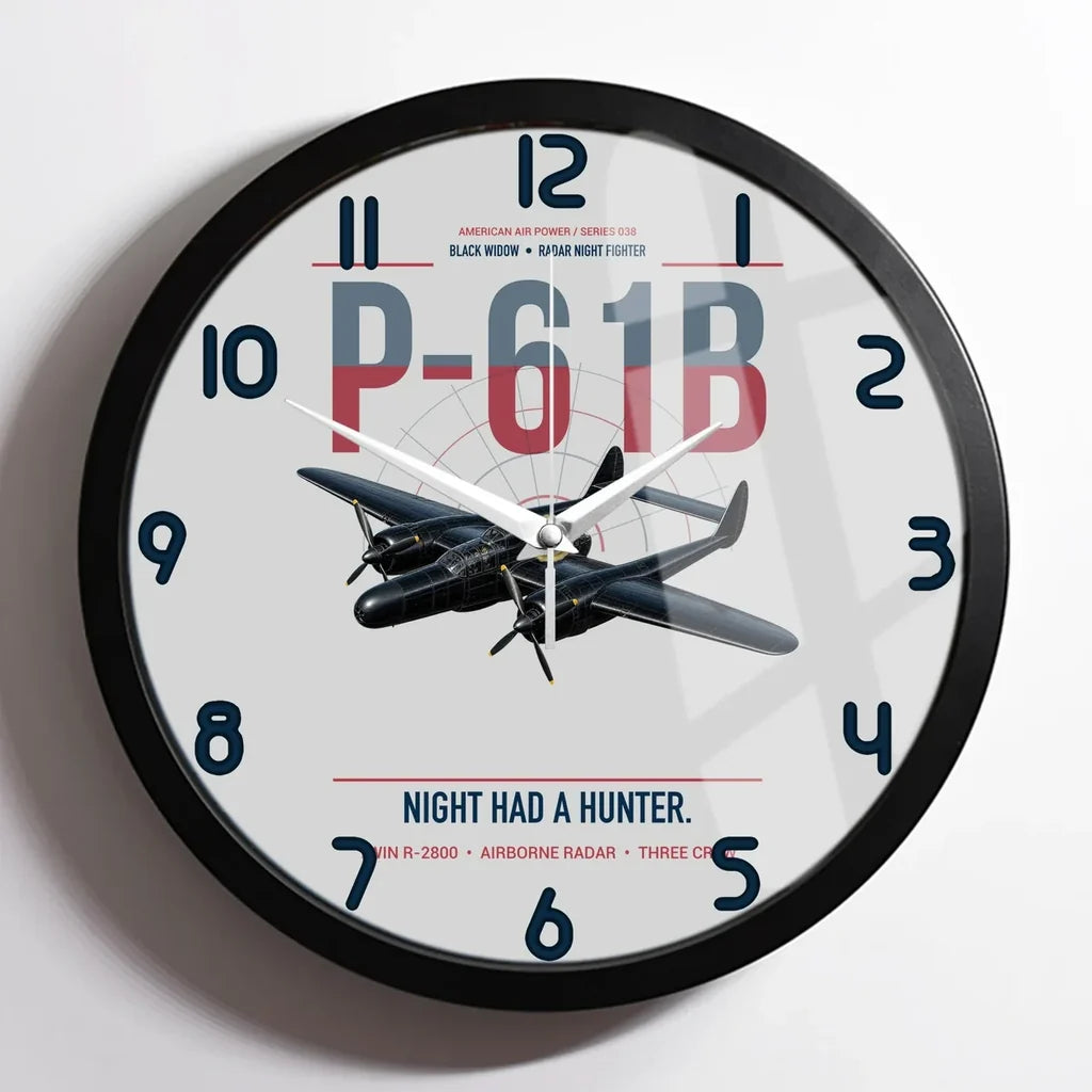 P-61B Black Widow design on light gray framed wall clock