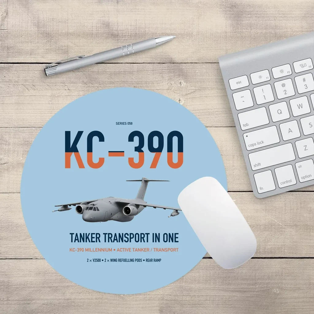 Embraer KC-390 Millennium design on light blue round mouse pad