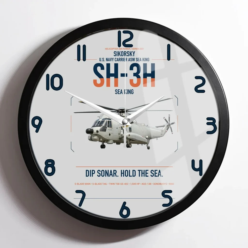 Sikorsky SH-3H Sea King design on light gray framed wall clock