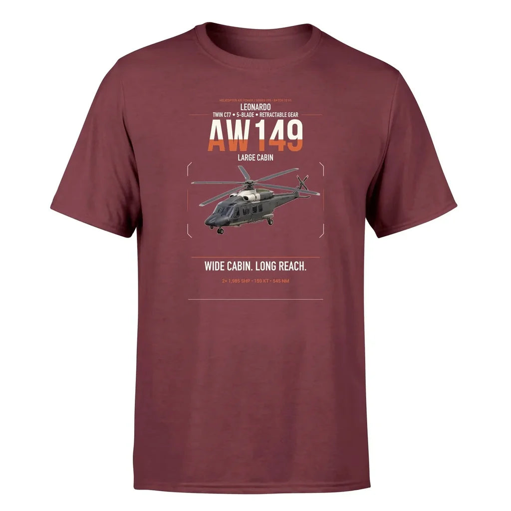 Leonardo AW149 design on dark red t-shirt, single-side print