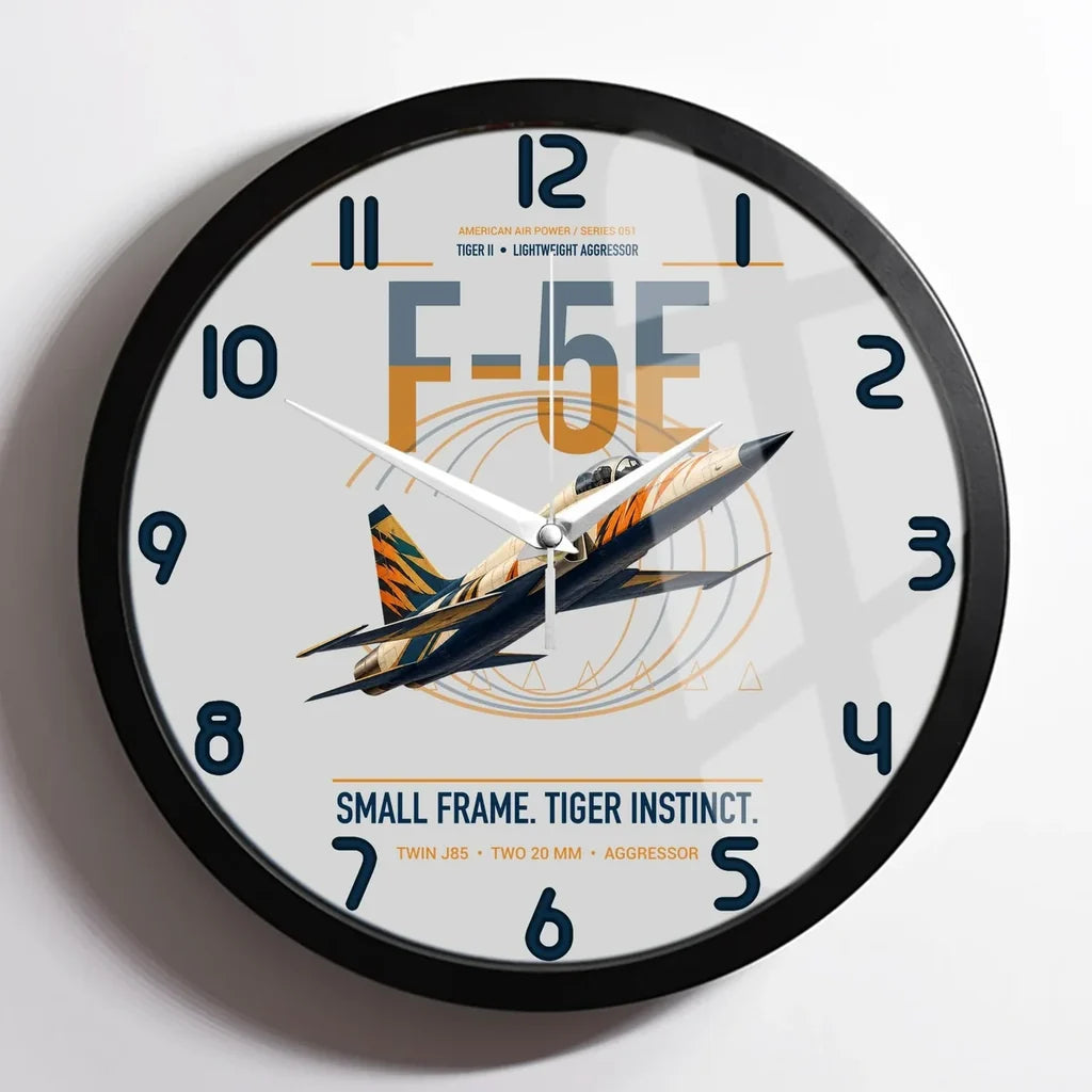 F-5E Tiger II design on light gray framed wall clock