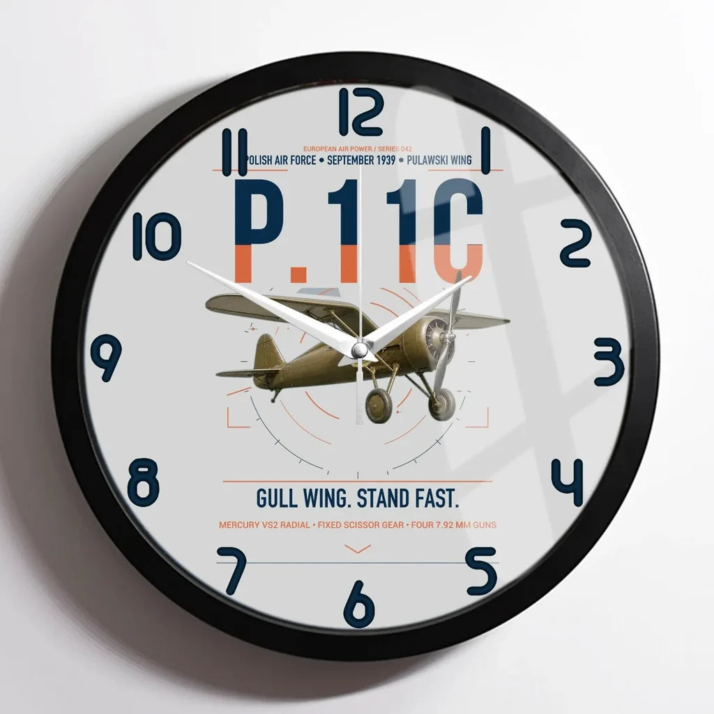 PZL P.11c design on light gray framed wall clock
