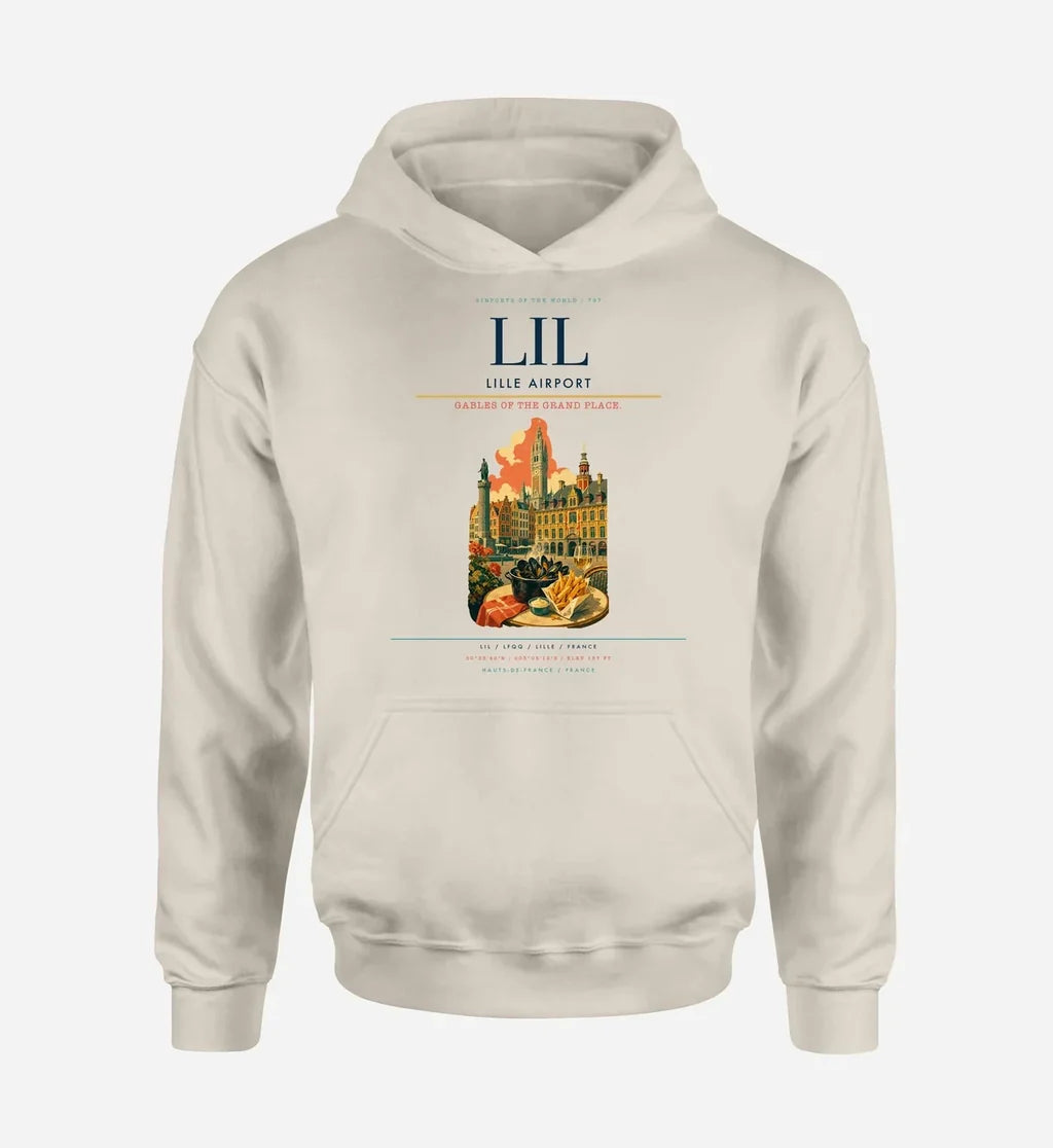 Lille Airport (LIL) design on khaki hoodie single-side print