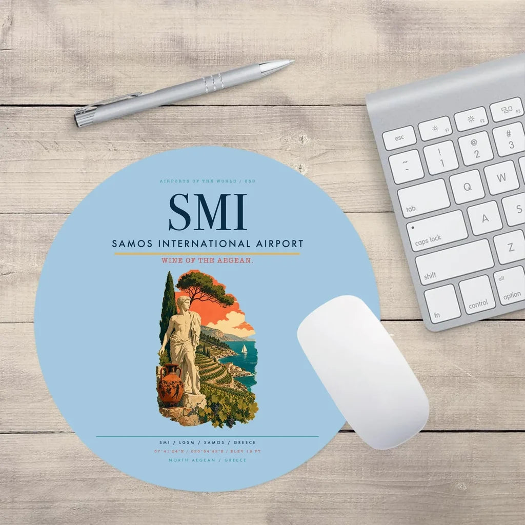 Samos International Airport (SMI) design on light blue round mouse pad