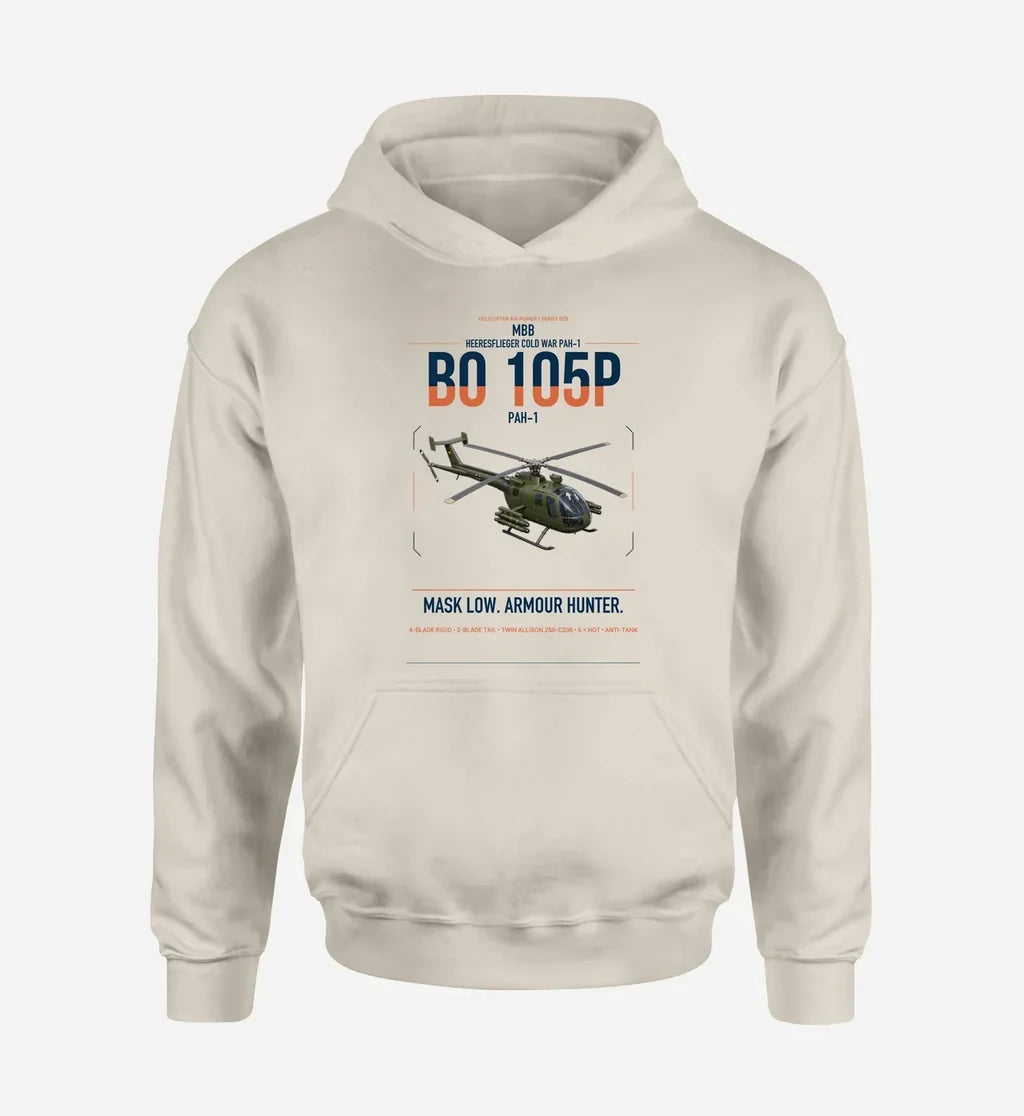 MBB BO 105P PAH-1 design on khaki double-side hoodie, single-side print