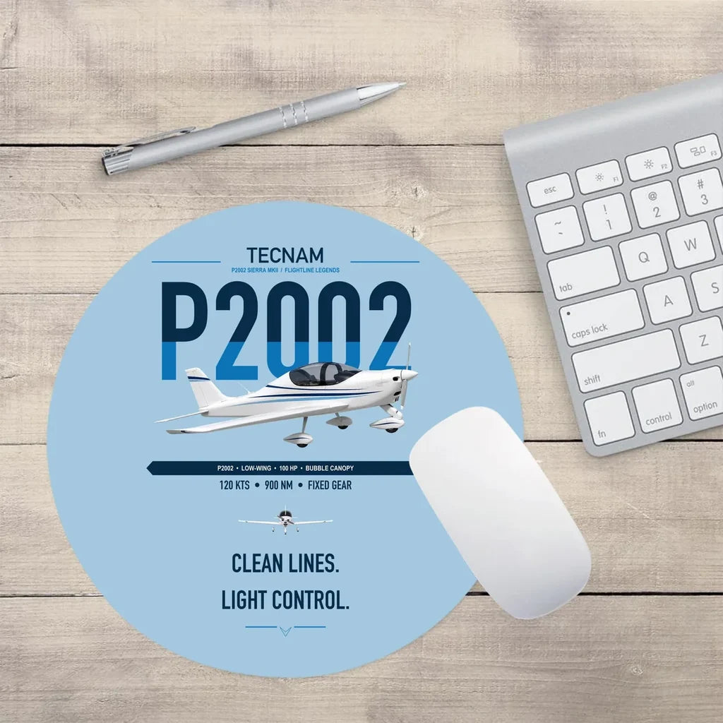 Tecnam P2002 Sierra MkII design on light blue round mouse pad