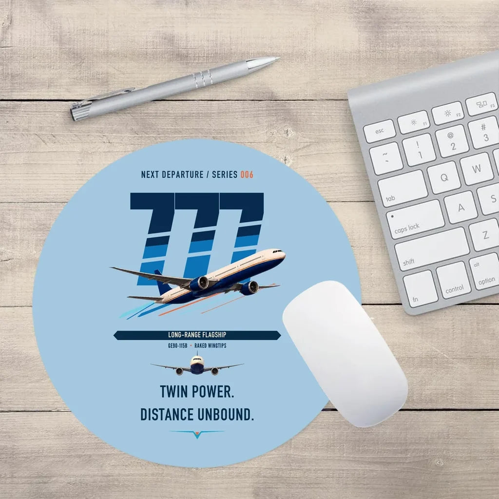 Boeing 777-300ER design on light blue round mouse pad