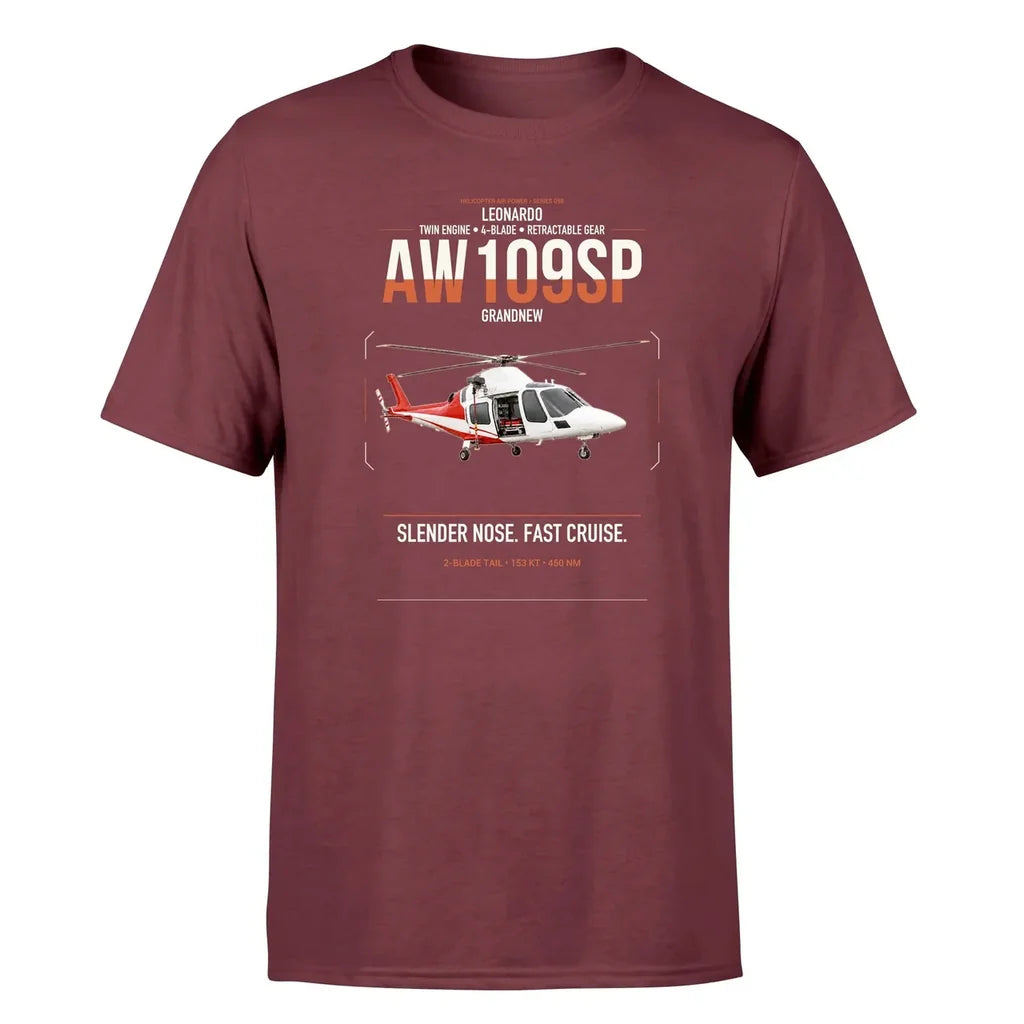 Leonardo AW109SP GrandNew design on dark red t-shirt, single-side print
