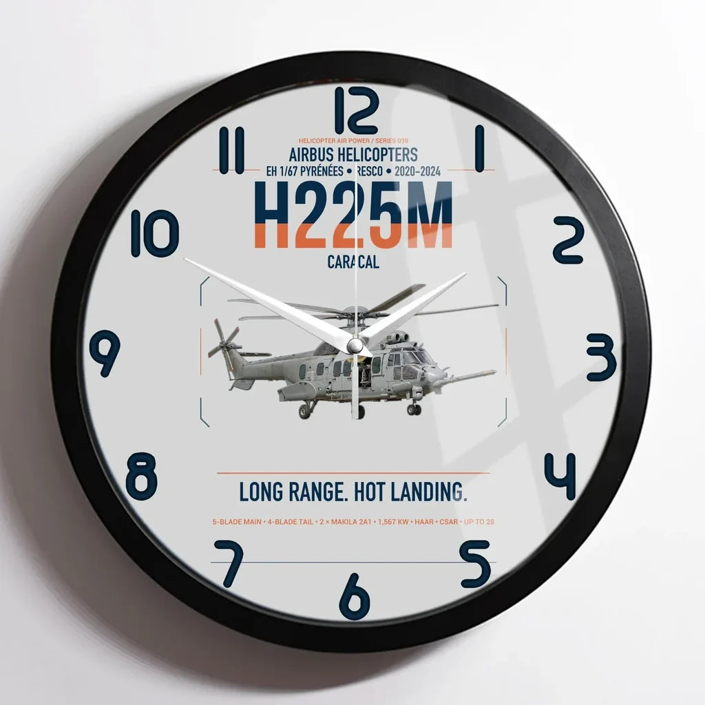 Airbus Helicopters H225M Caracal design on light gray framed wall clock