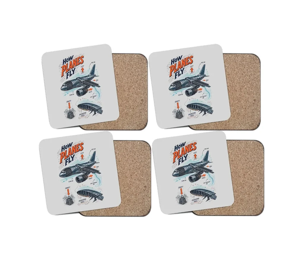 How Planes Fly V2 design on light gray 4 pieces set coaster