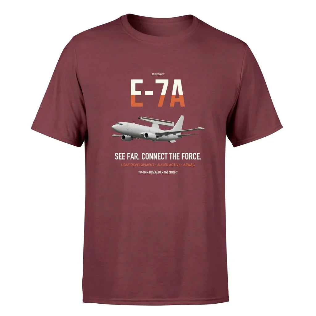 E-7A Wedgetail design on dark red double-side t-shirt, single-side print