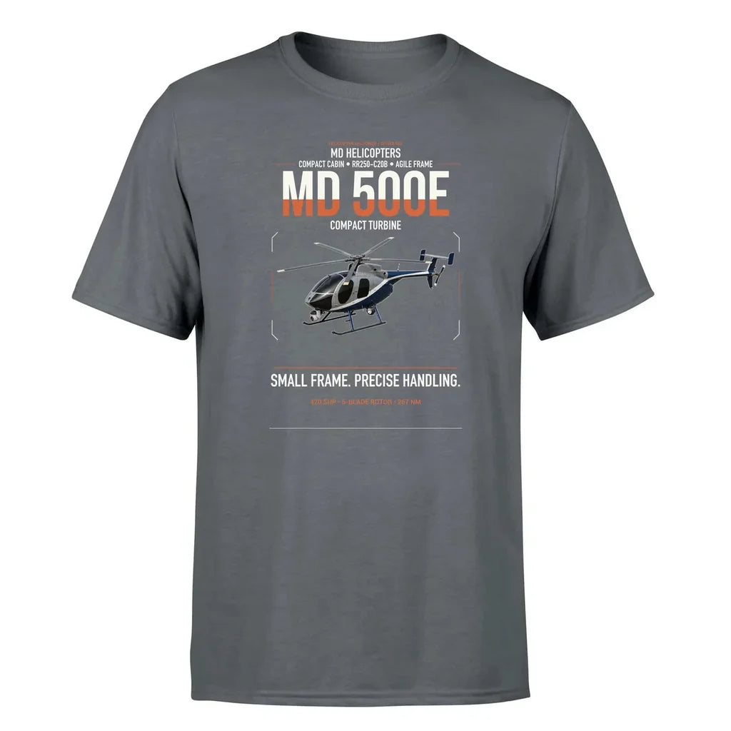 MD Helicopters MD 500E design on gray t-shirt, single-side print