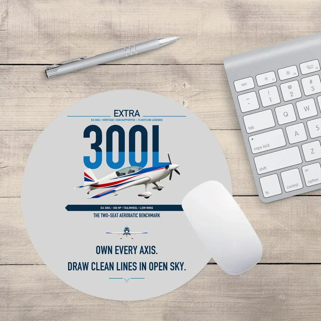 Extra 300L design on light gray round mouse pad