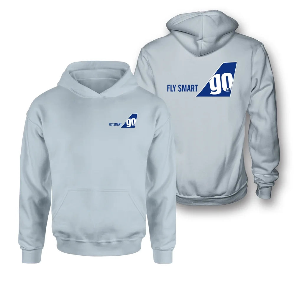 Go First logo on light blue double side hoodie