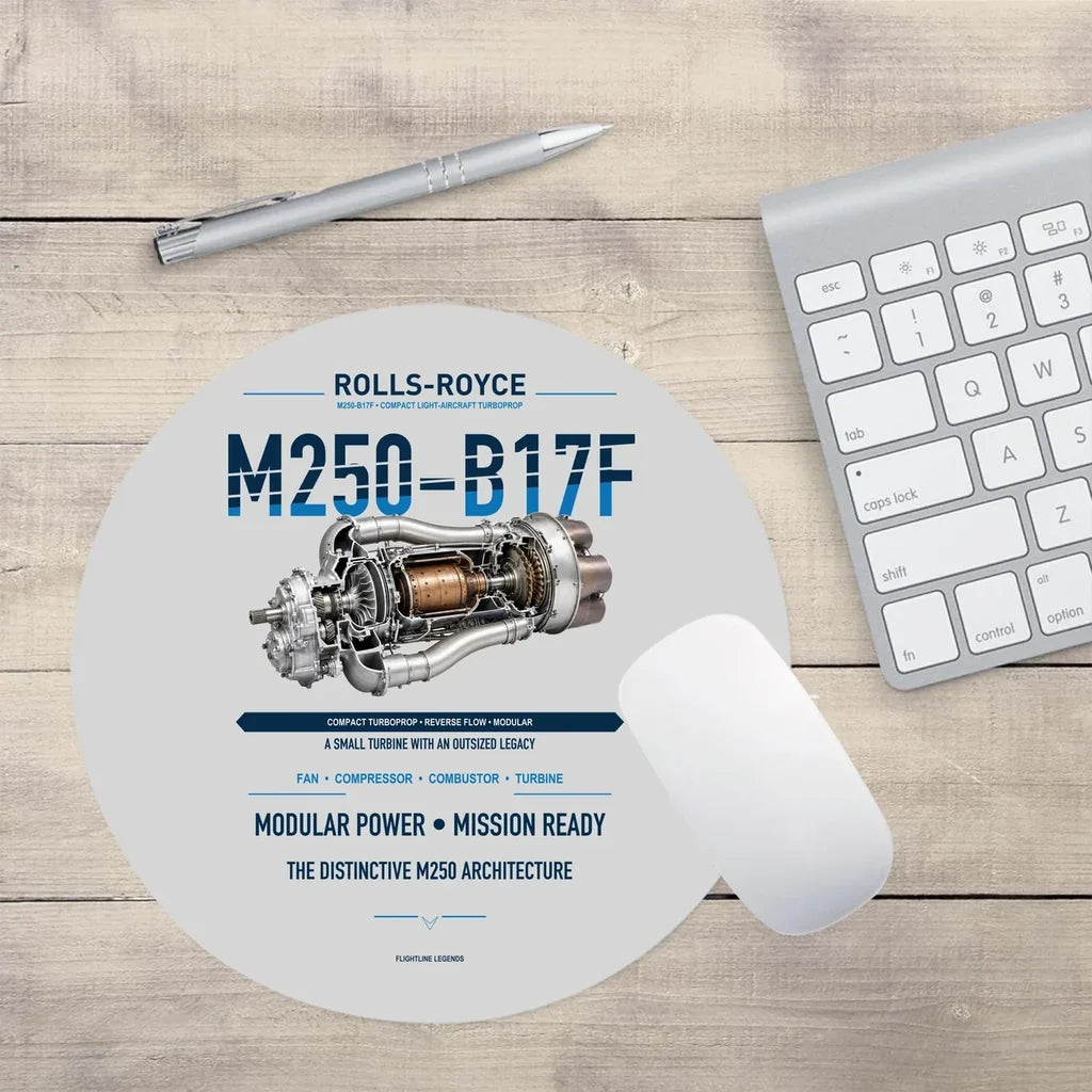 M250-B17F design on light gray round mouse pad