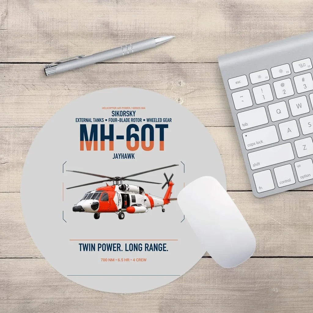 Sikorsky MH-60T Jayhawk design on light gray round mouse pad