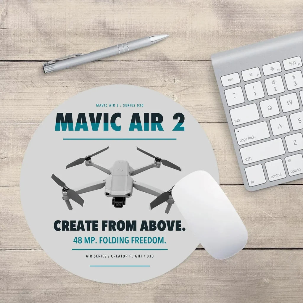 DJI Mavic Air 2 design on light gray round mouse pad