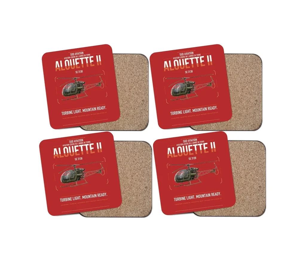 Sud Aviation SE 3130 Alouette II design on red 4 pieces set coaster