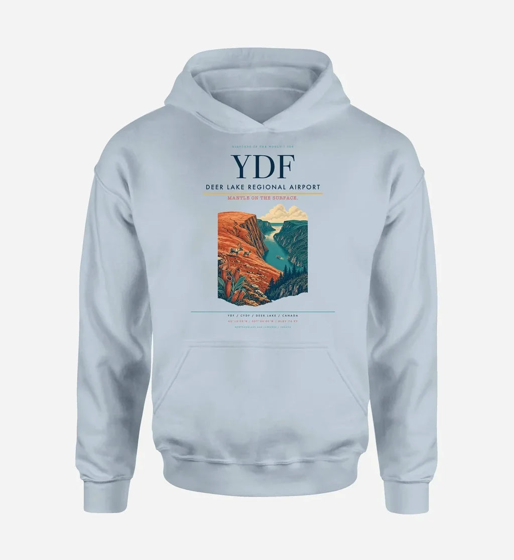 Deer Lake Regional Airport (YDF) design on light blue hoodie single-side print