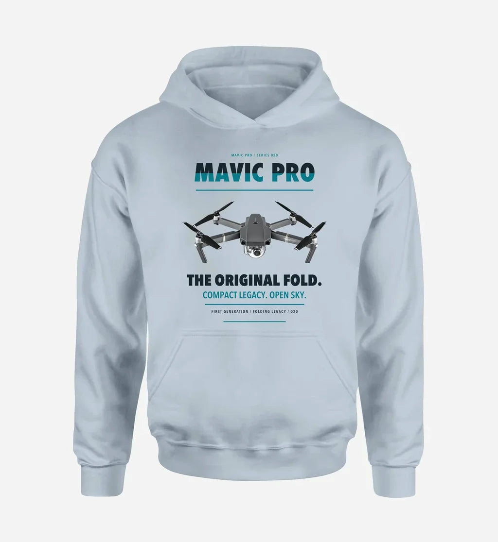 DJI Mavic Pro design on light blue hoodie single side