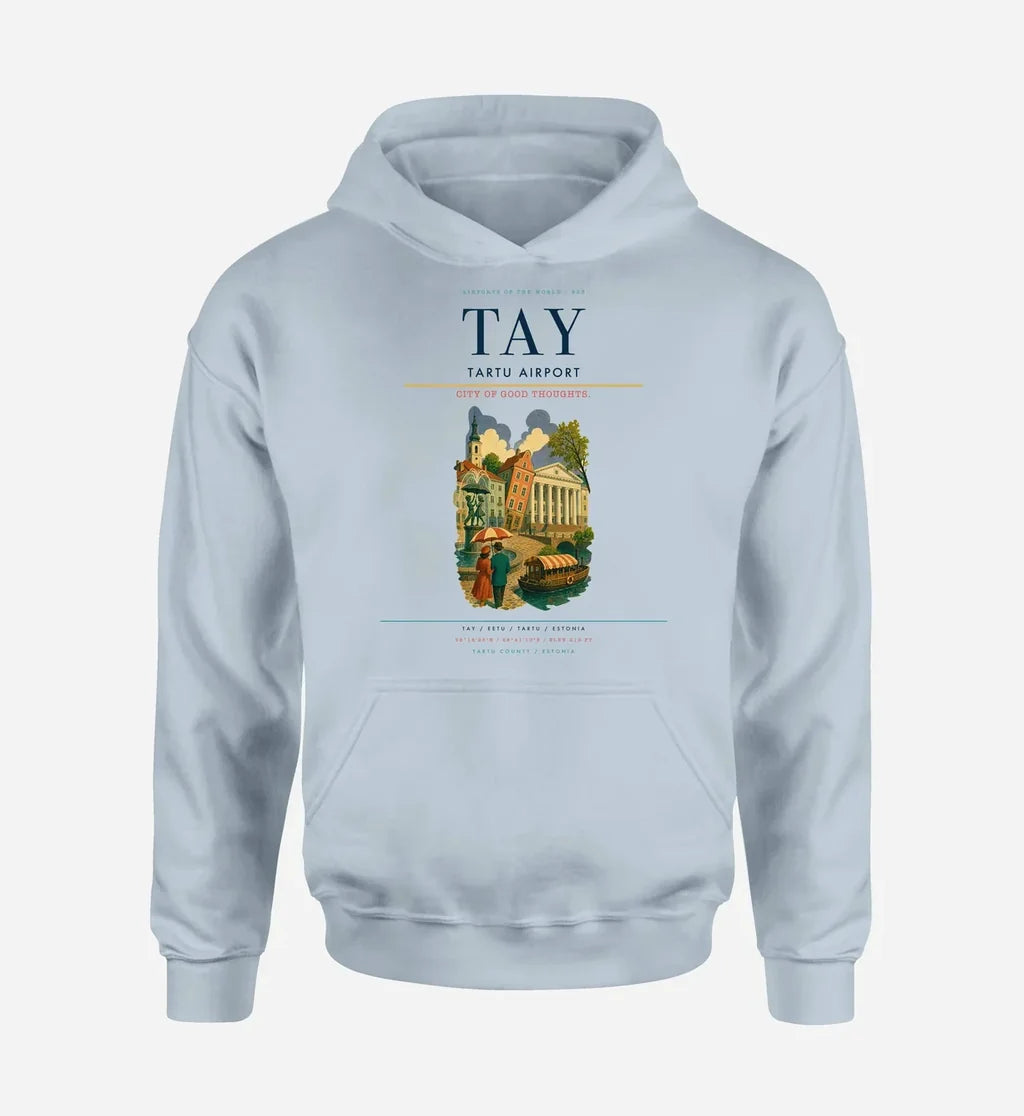 Tartu Airport (TAY) design on light blue hoodie single-side print