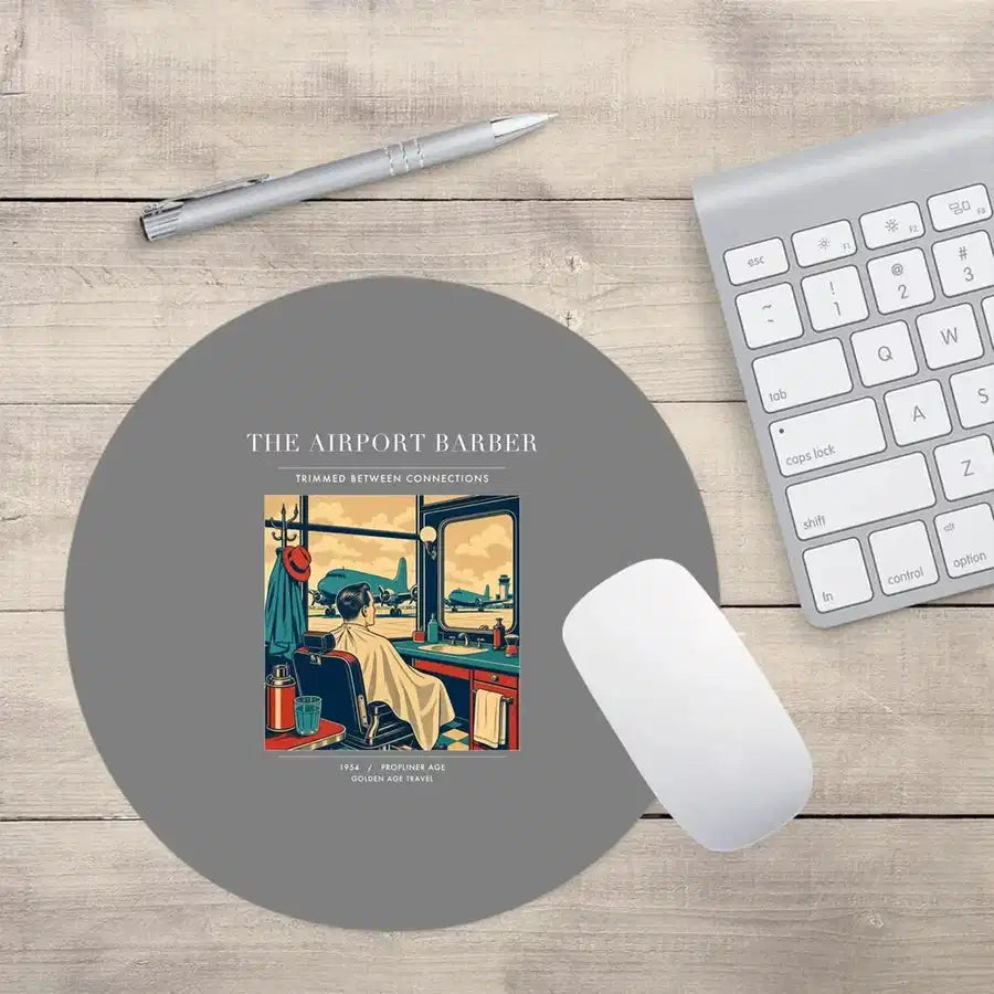 VINTAGE G4377 - The Airport Barber - Designed Mouse Pads design on gray round