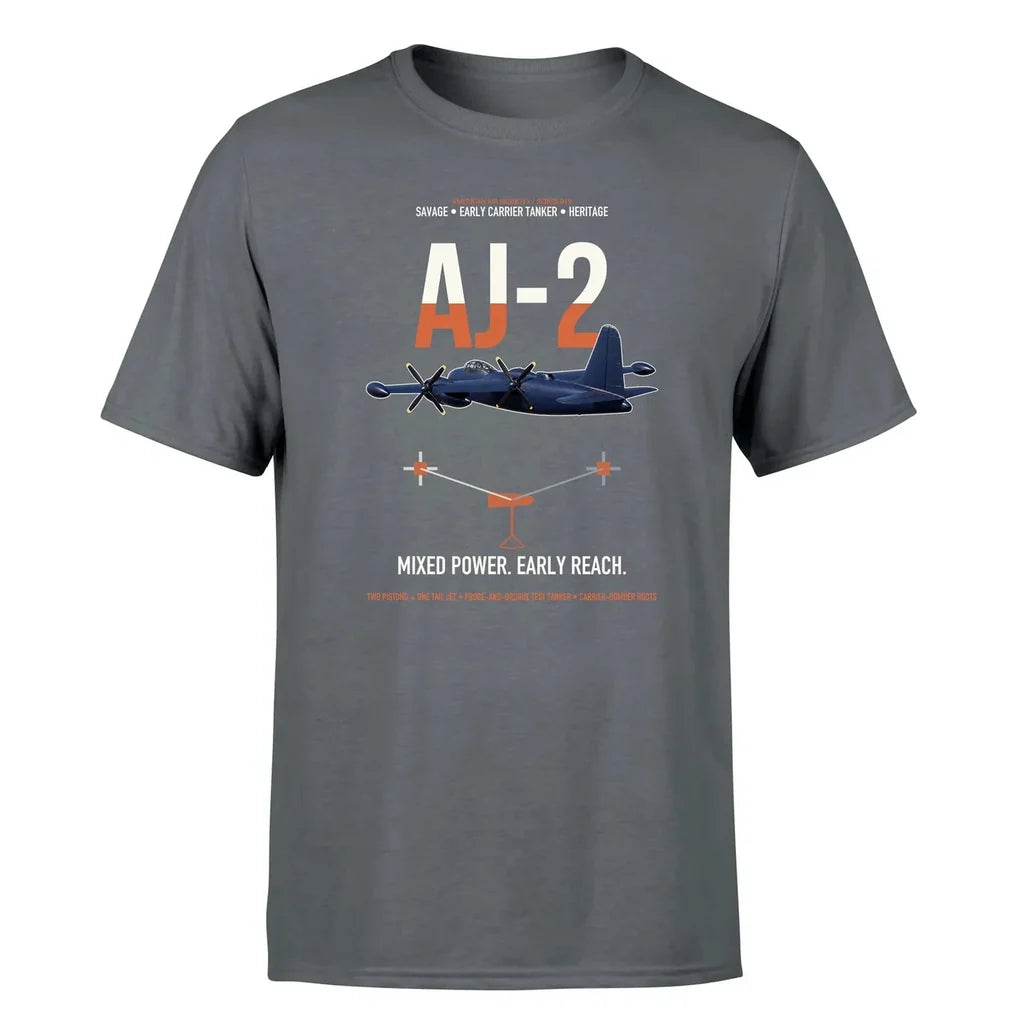AJ-2 Savage Tanker design on gray double-side t-shirt, single-side print