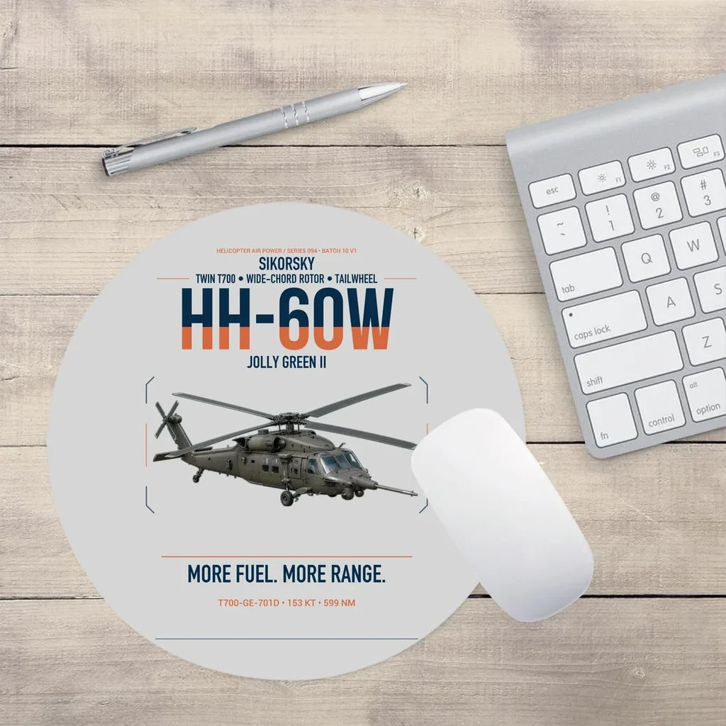 Sikorsky HH-60W Jolly Green II design on light gray round mouse pad