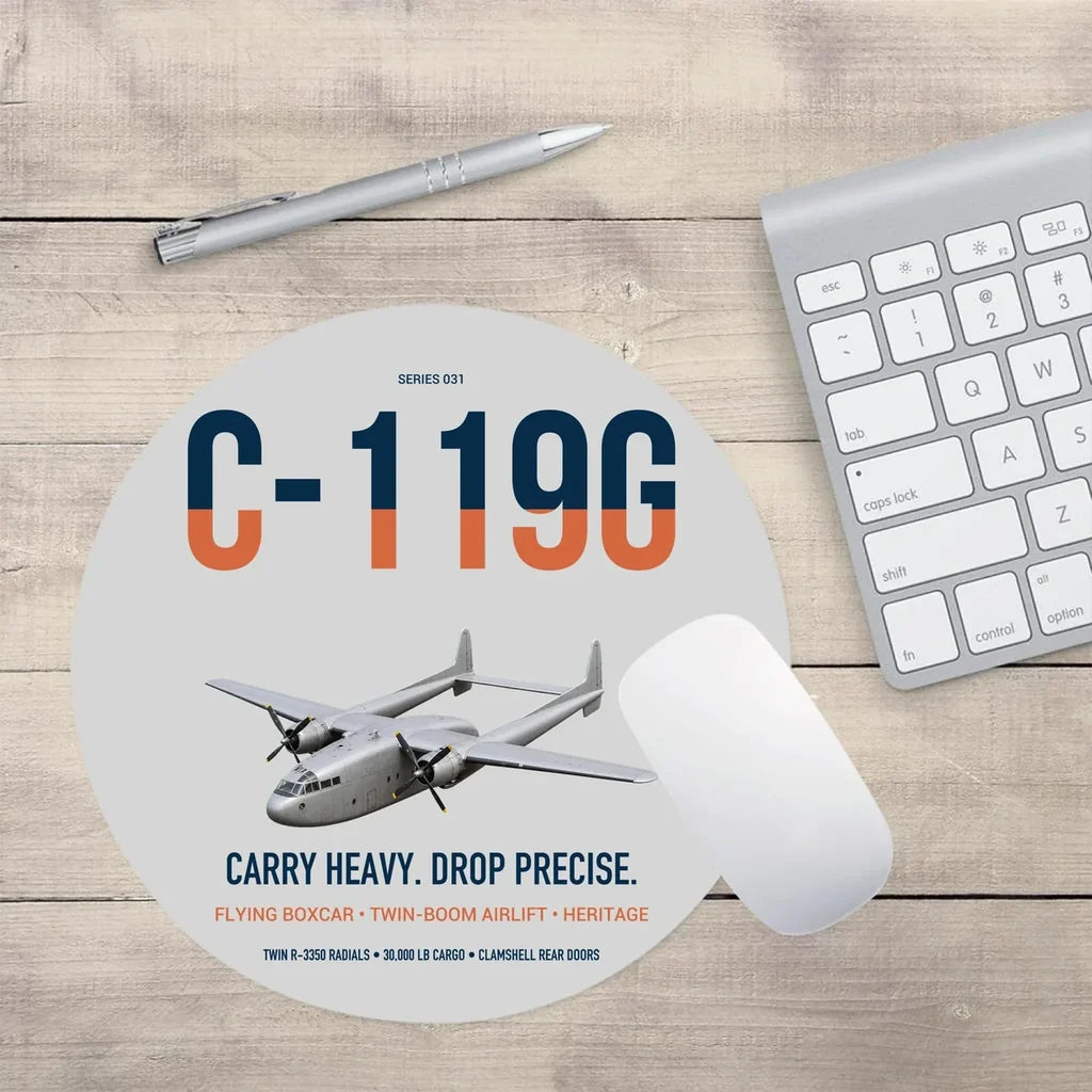 C-119G Flying Boxcar design on light gray round mouse pad