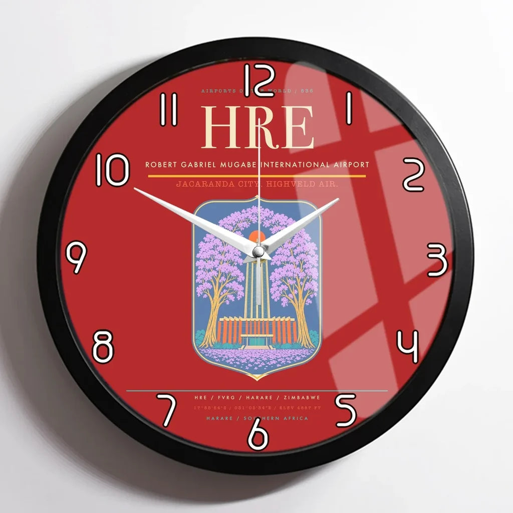 Robert Gabriel Mugabe International Airport (HRE) design on red framed wall clock