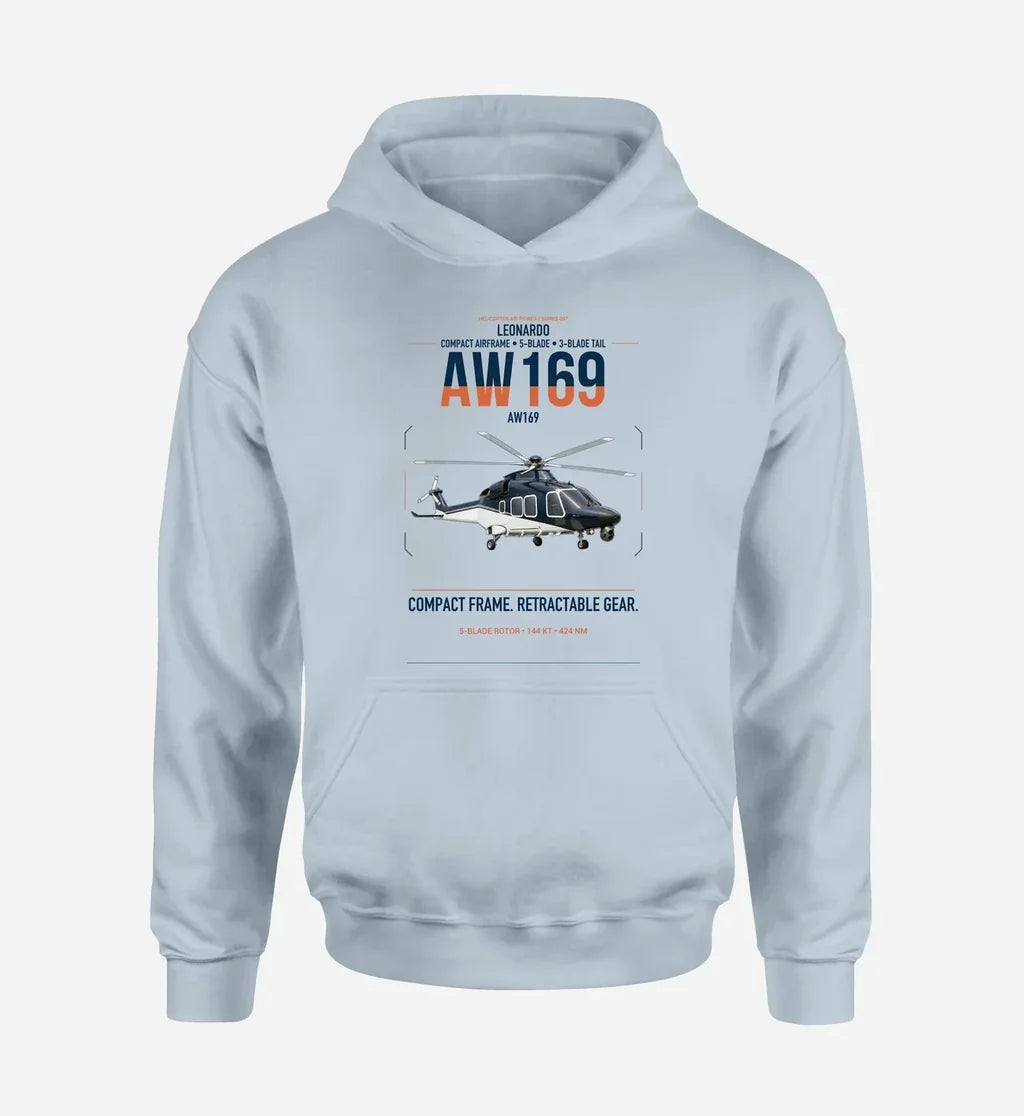 Leonardo AW169 design on light blue double-side hoodie, single-side print