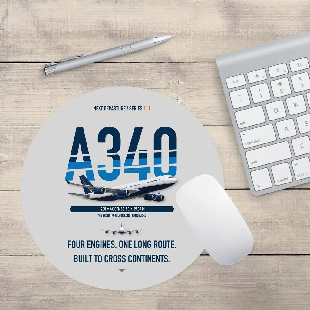 Airbus A340-200 design on light gray round mouse pad