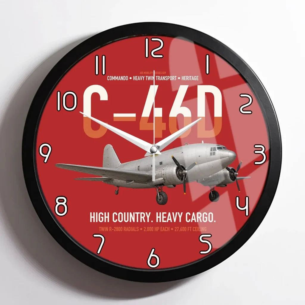 C-46D Commando design on red framed wall clock