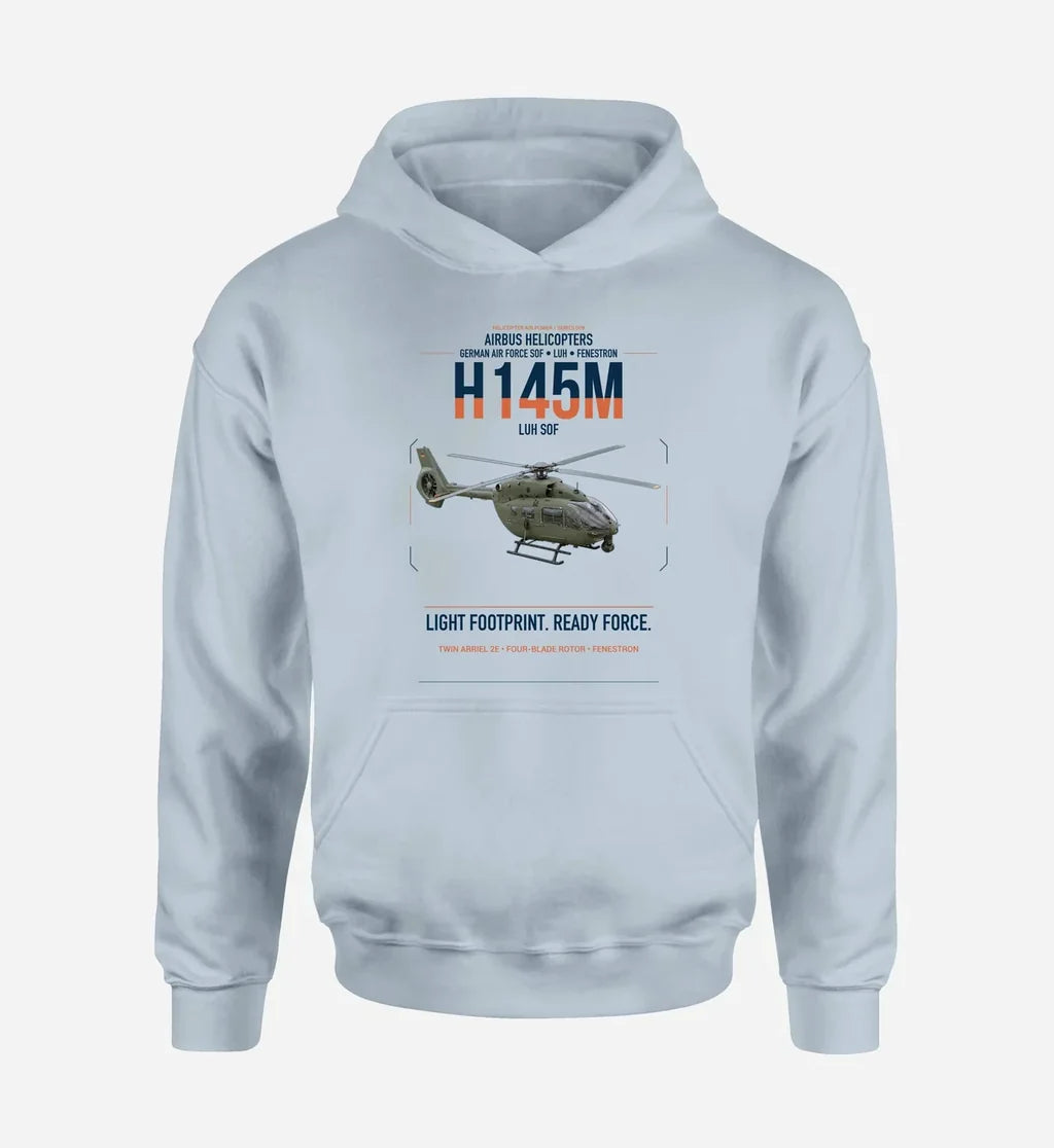 Airbus Helicopters H145M LUH SOF design on light blue double-side hoodie, single-side print