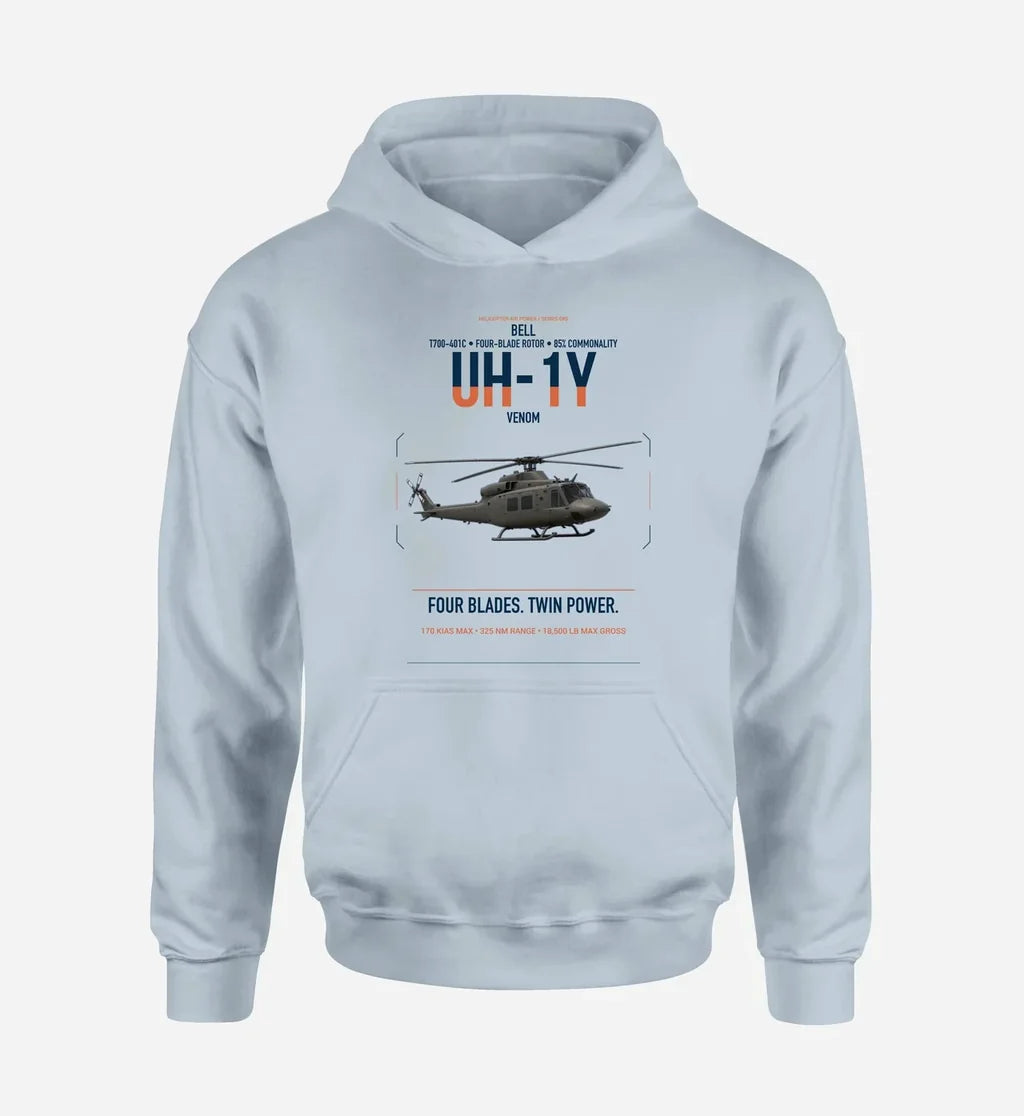 Bell UH-1Y Venom design on light blue double-side hoodie, single-side print