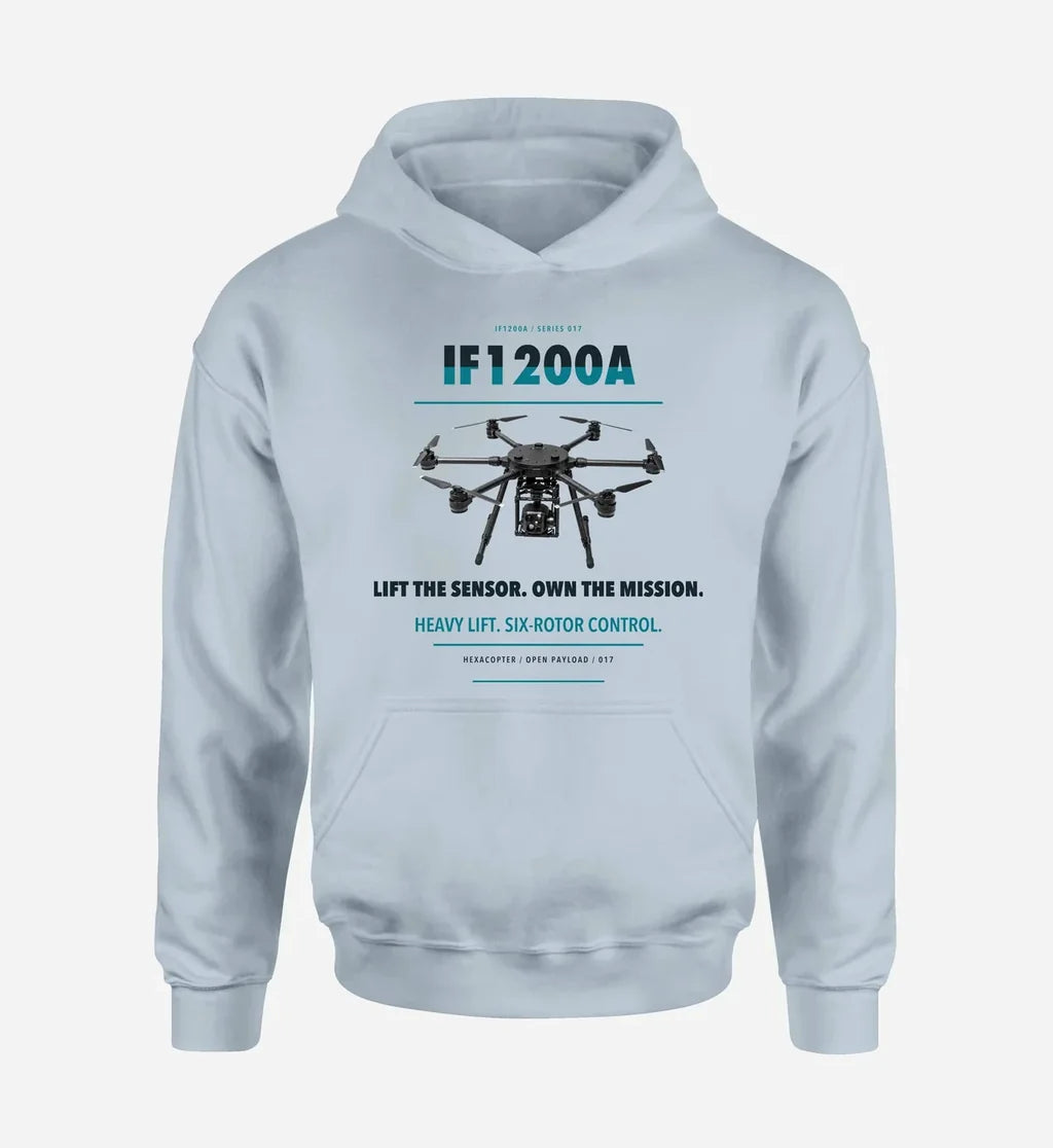 Inspired Flight IF1200A design on light blue hoodie single side