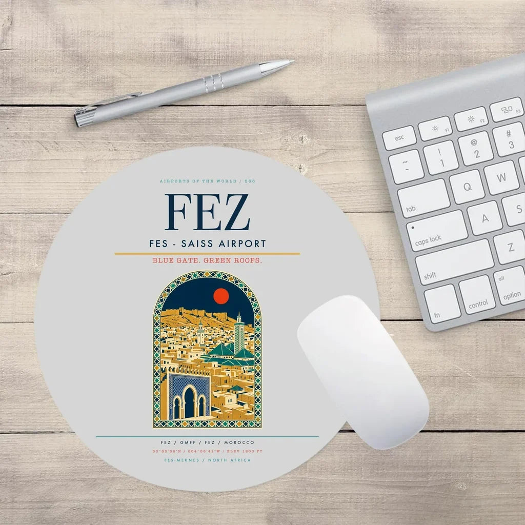 Fes (FEZ) design on light gray round mouse pad