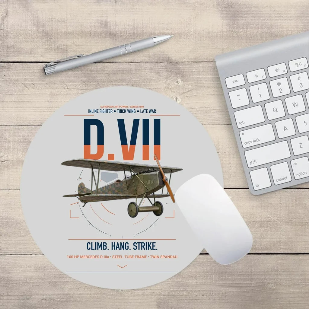 Fokker D.VII design on light gray round mouse pad