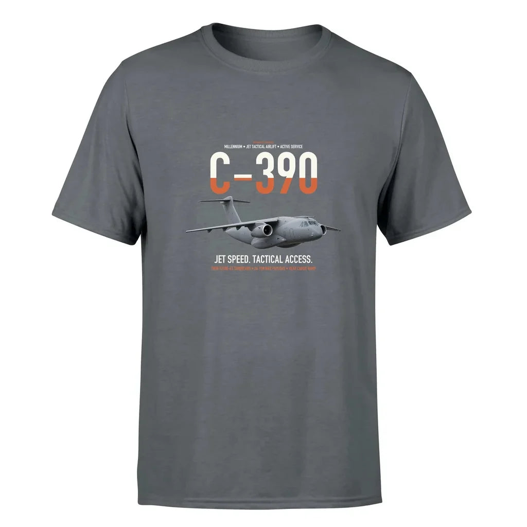 C-390 Millennium design on gray double-side t-shirt, single-side print