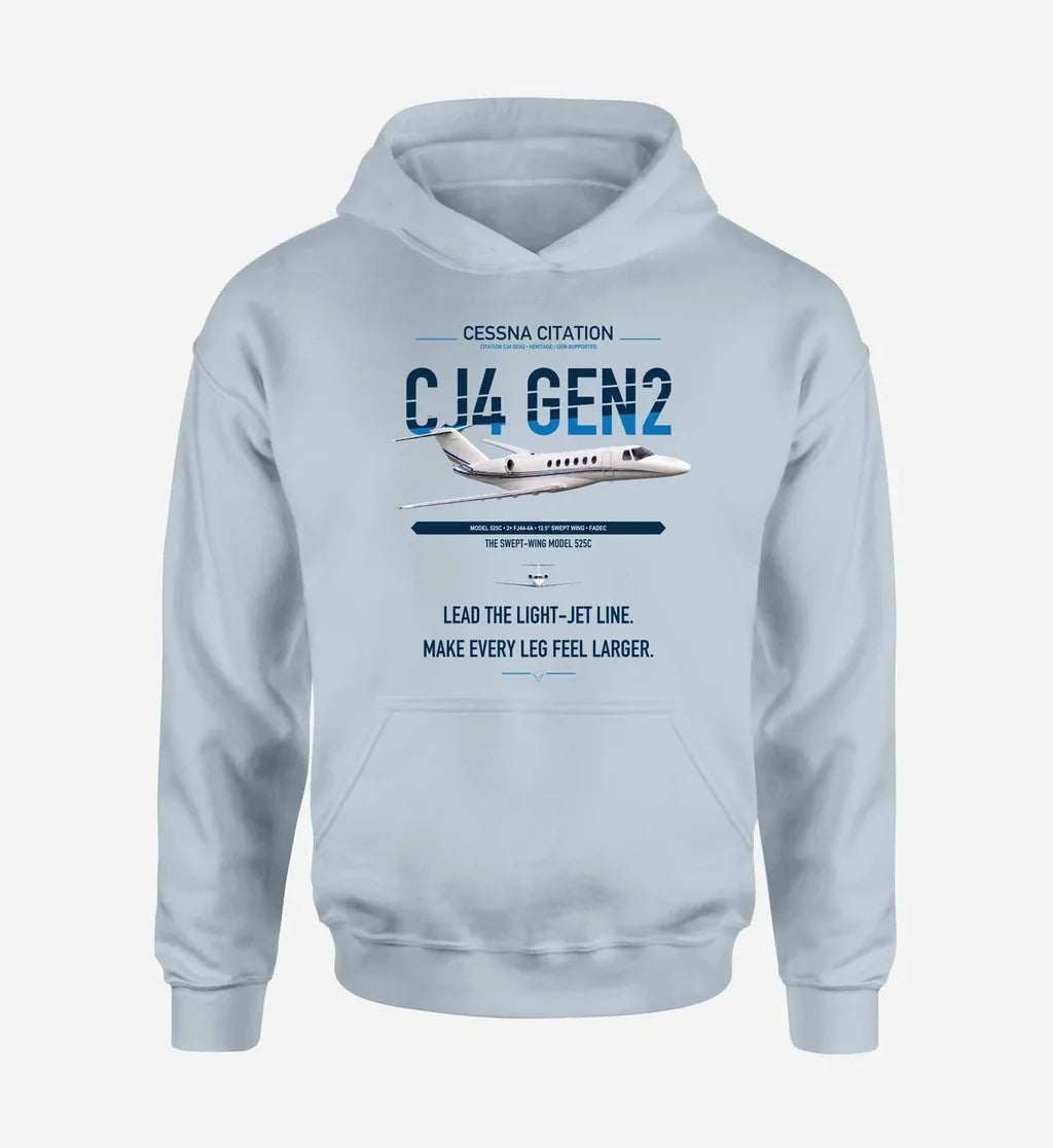 Cessna Citation CJ4 Gen2 design on light blue double-side hoodie, single-side print