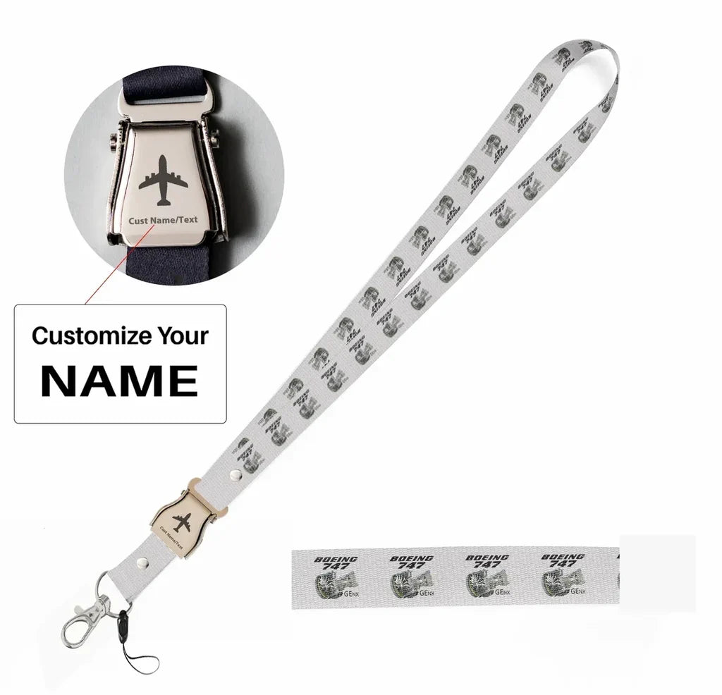 Boeing 747 & GENX Engine seat belt lanyard - white with name