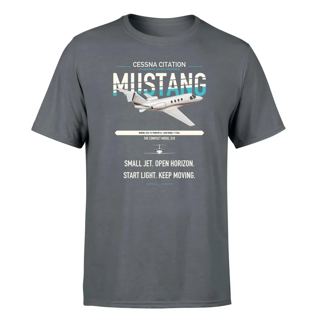 Cessna Citation Mustang design on gray double-side t-shirt, single-side print