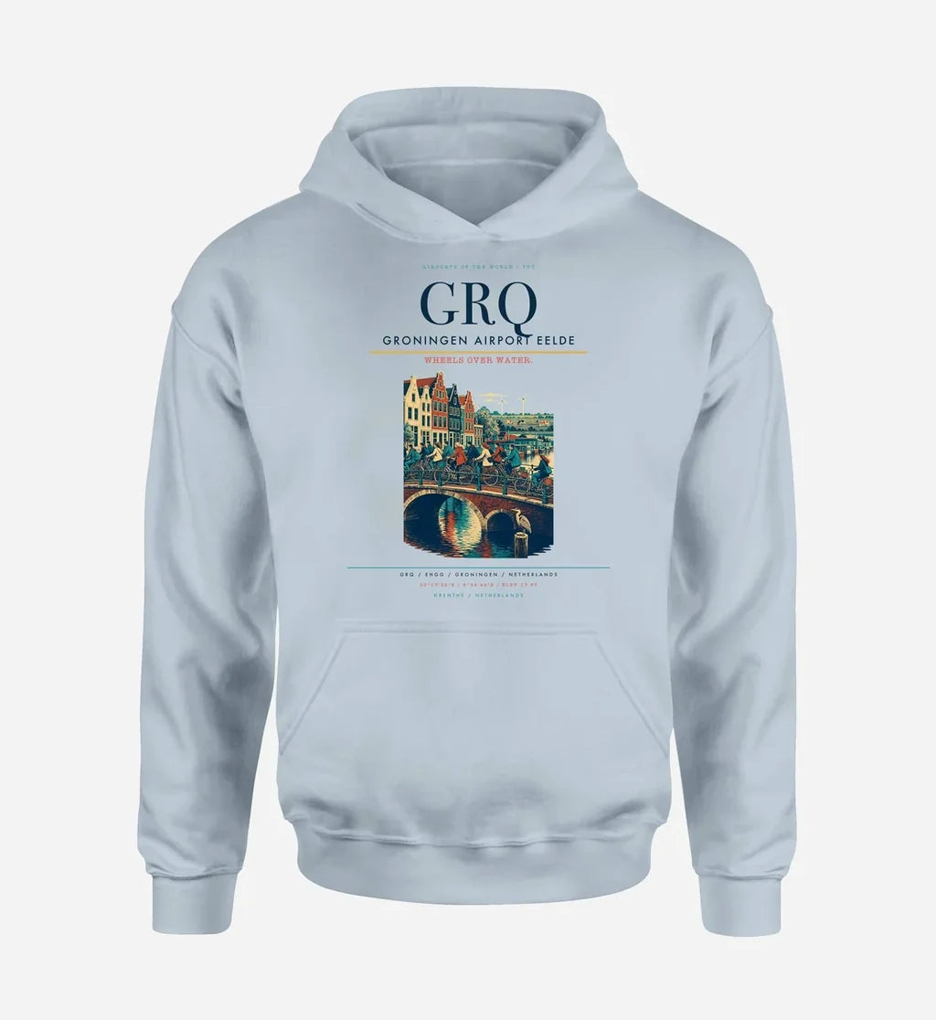Groningen Airport Eelde (GRQ) design on light blue hoodie single-side print