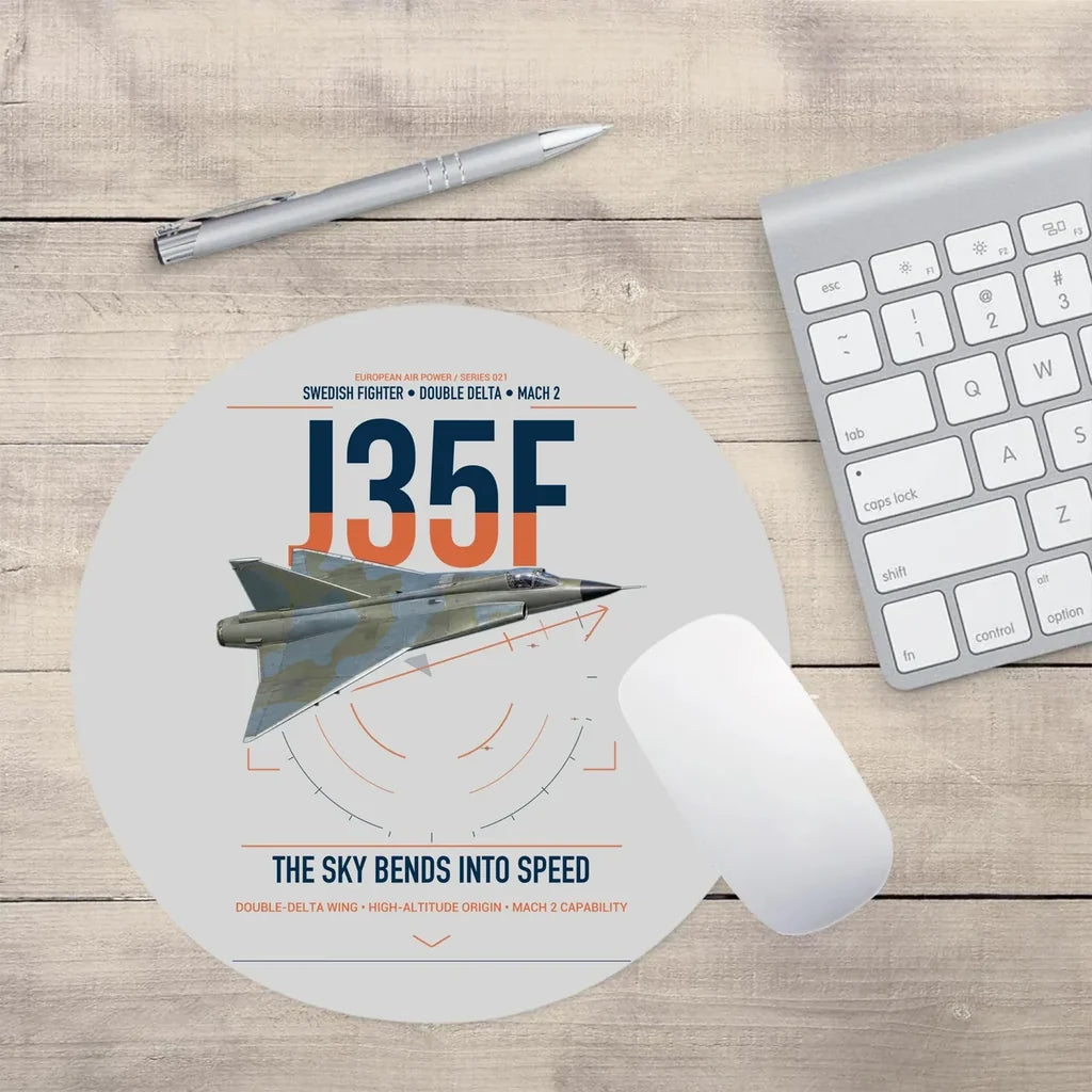 Saab J 35F Draken design on light gray round mouse pad